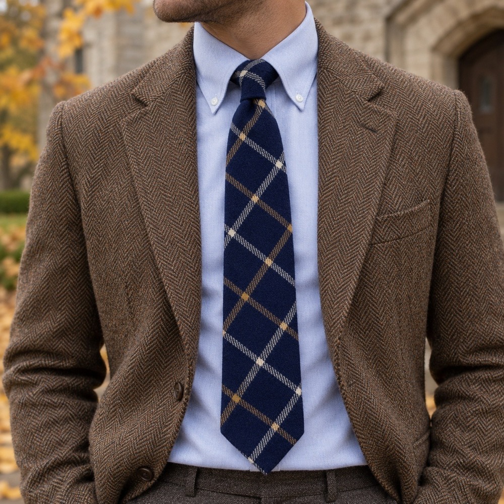 Vintage The Scotch House Lambswool Tie Navy Plaid Made in Scotland 57"